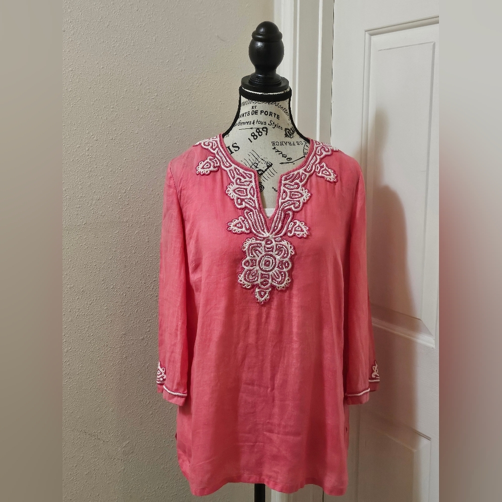 Hot Pink 100% Linen Tunic with White Beaded Embroidery